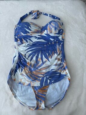 Tommy Bahama Bandeau One-Piece Swimsuit Blue Tropical Print Size 8 E28